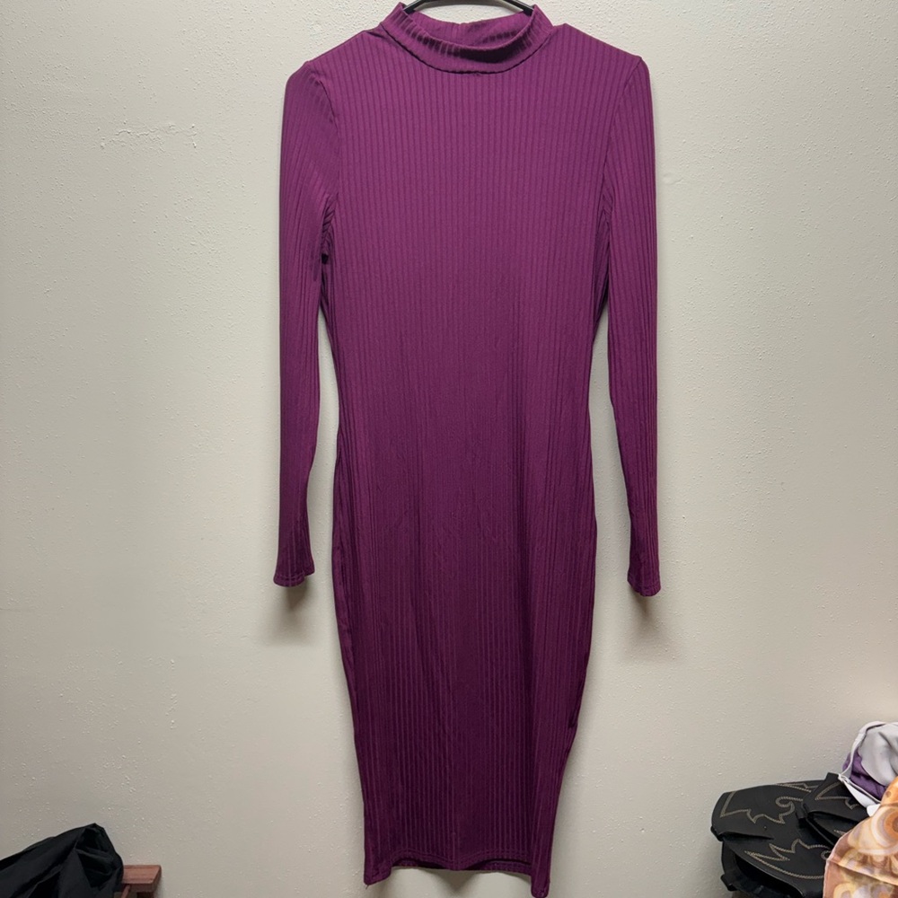 Boohoo Purple Long Sleeve Dress with Ribbed Texture